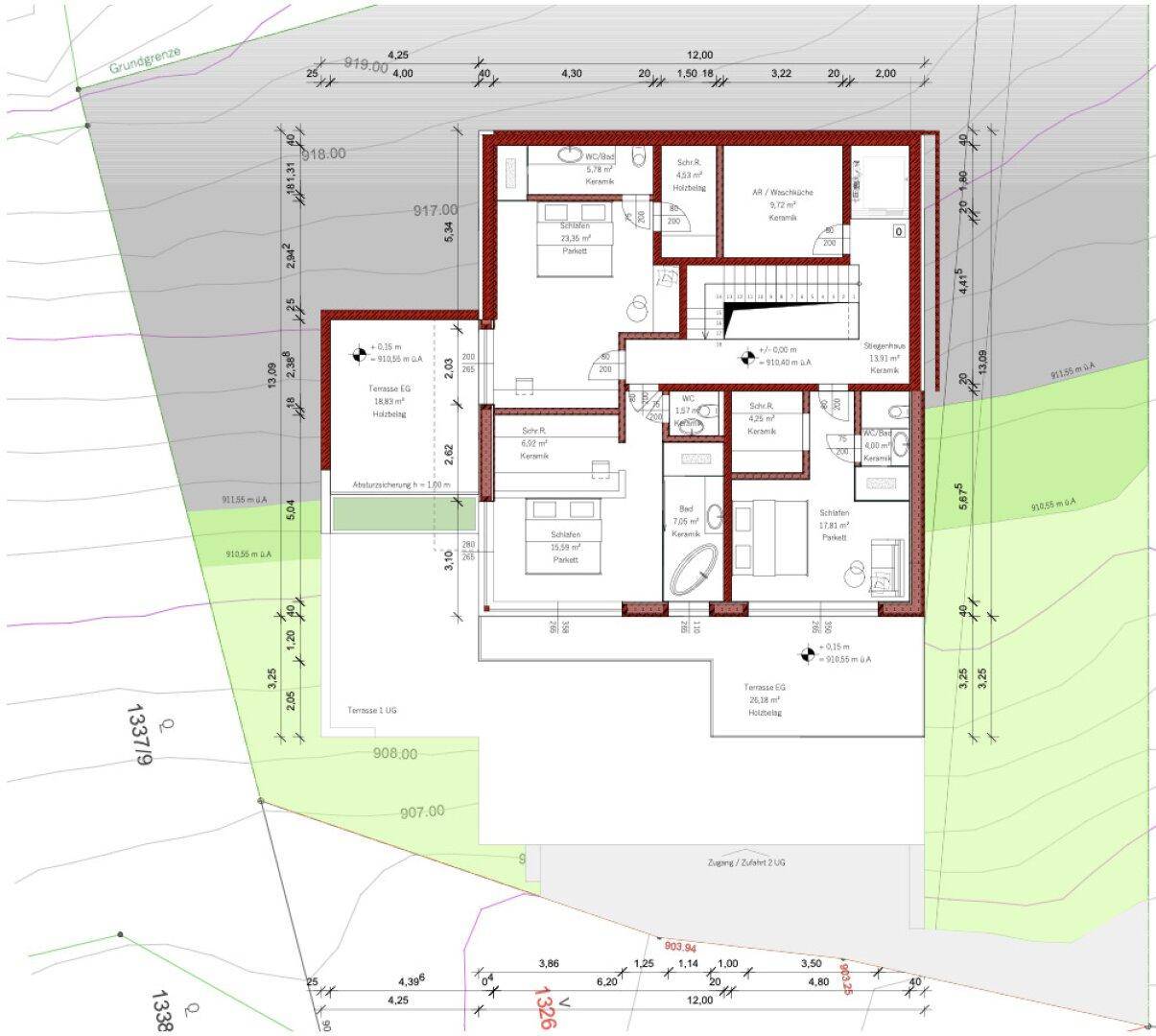 Grundriss der oberen Etage mit mehreren Schlafzimmern, Bädern und Zugang zu Terrassen.