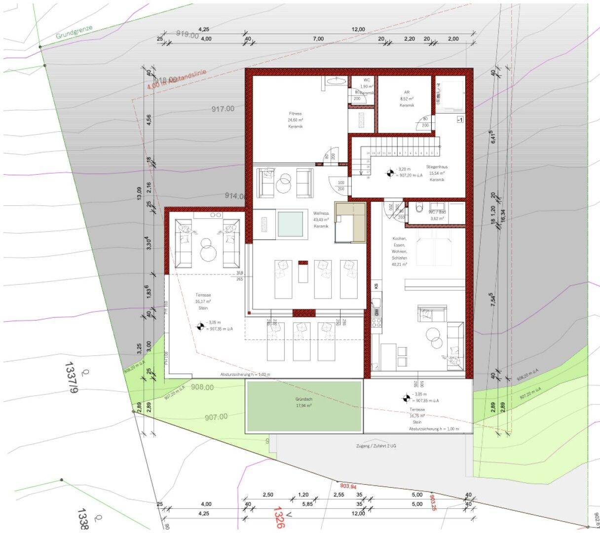 Detaillierter Grundriss mit Wellnessbereich, Schlafzimmern und großzügigen Terrassenflächen.