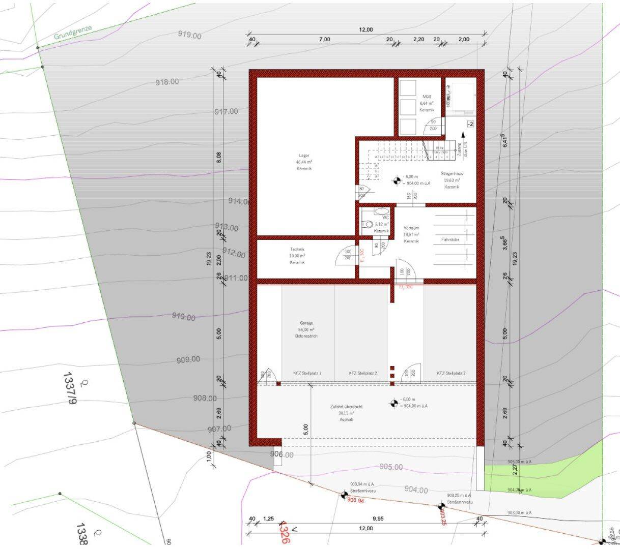 Grundriss des Untergeschosses mit Garage, Lagerraum und weiteren Funktionsbereichen.