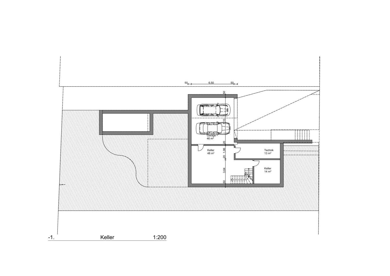 Grundriss des Kellergeschosses mit Doppelgarage, Technikraum und weiteren Kellerräumen.
