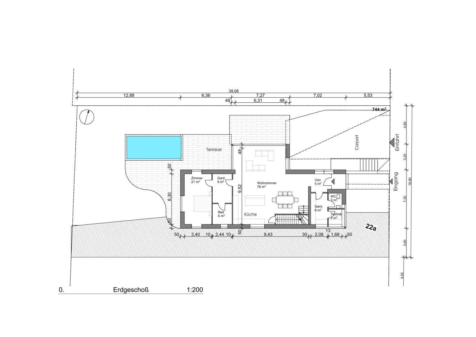 Grundriss des Erdgeschosses mit offenem Wohnbereich, Küche, Zimmer, Terrasse und Pool.