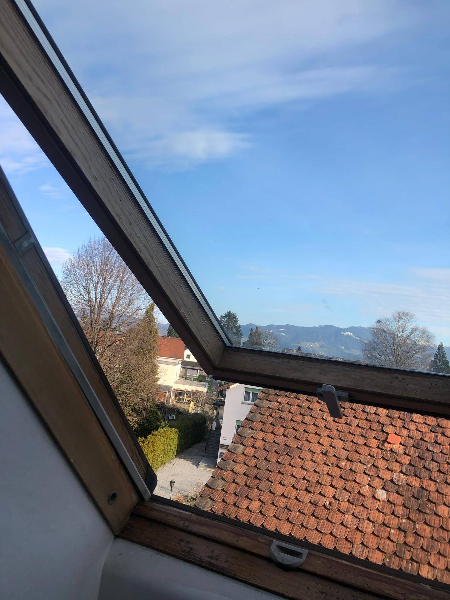 Ausblick aus einem Dachfenster auf umliegende Dächer, Bäume und eine malerische Berglandschaft.