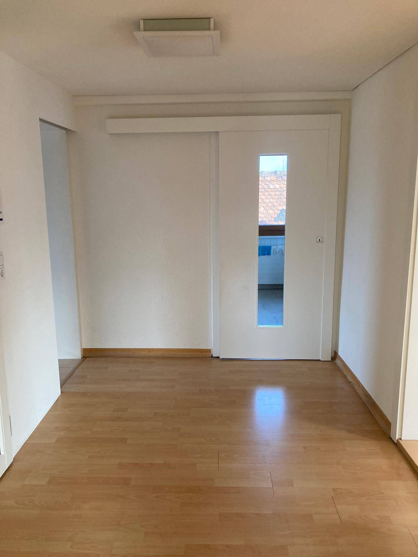 Heller Flur mit Laminatboden und einer modernen weißen Schiebetür, die Licht hereinlässt.