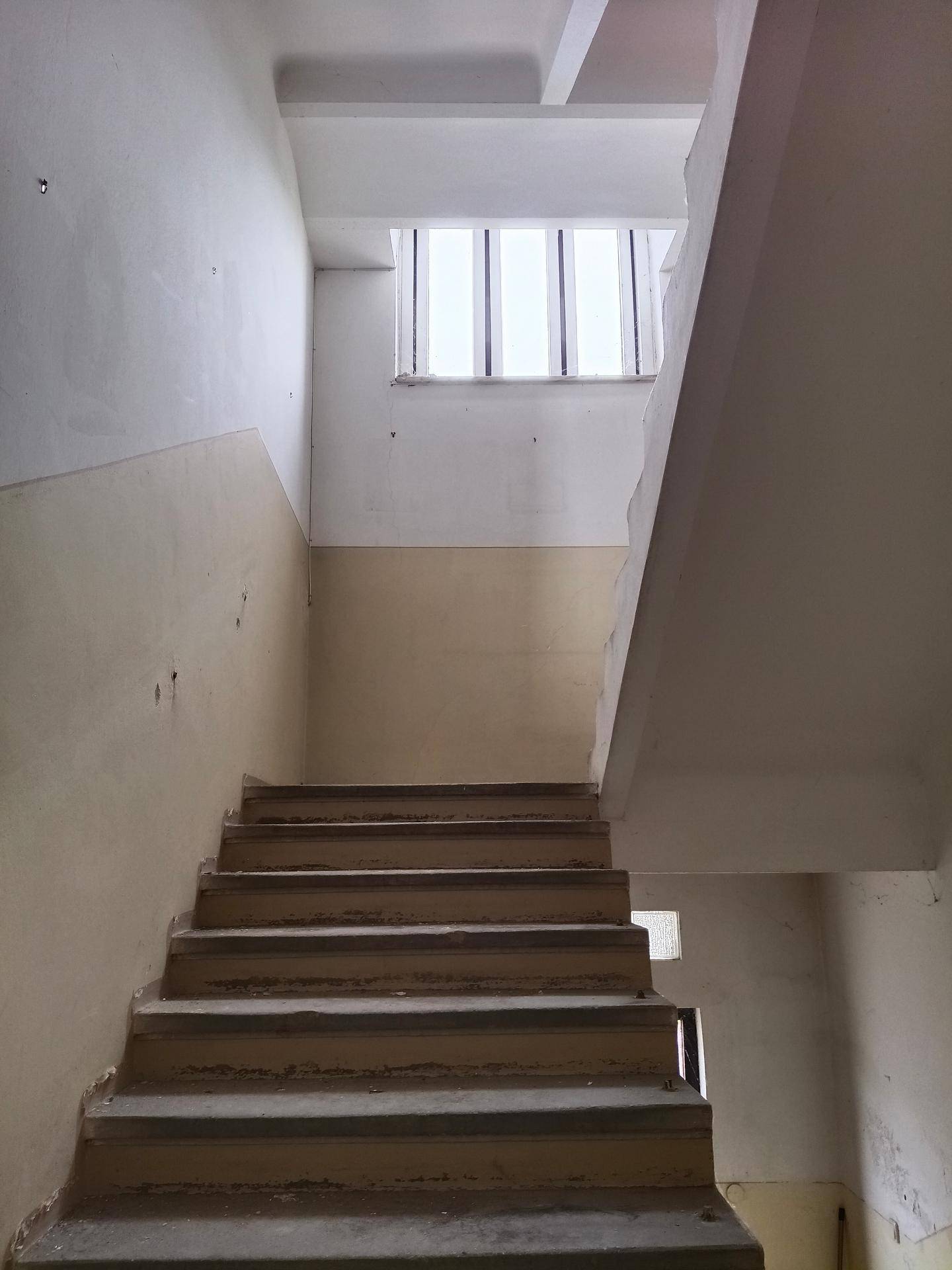 Treppenhaus in einem Mehrfamilienhaus mit Renovierungsbedarf und natürlichem Lichteinfall.