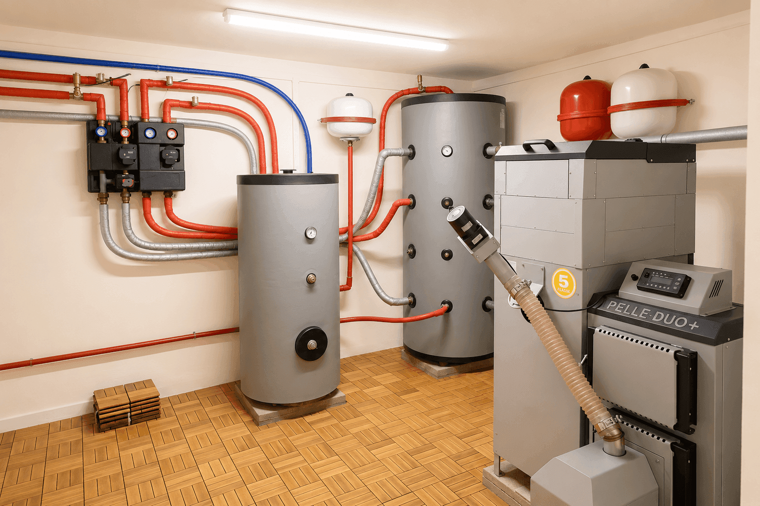Technikraum mit moderner Pelletheizung, Warmwasserspeichern und komplexen Rohrleitungen.