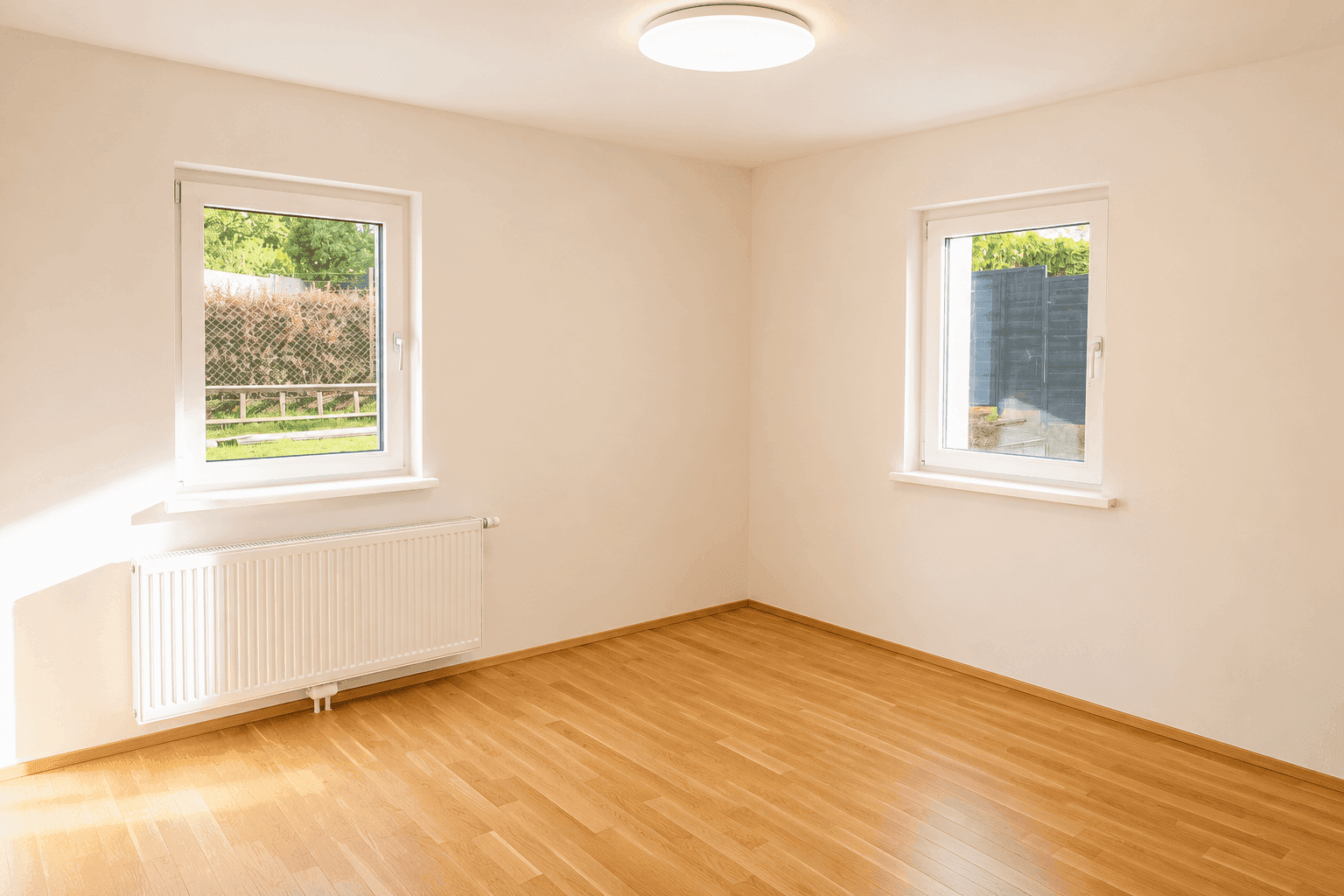 Helles Zimmer mit Holzparkettboden, Heizkörper und Blick ins Grüne.