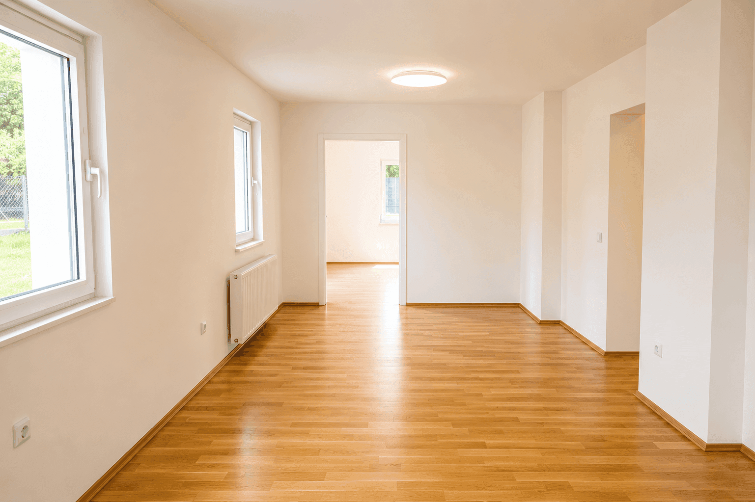 Lichtdurchflutetes Wohnzimmer mit hellem Parkettboden und großen Fenstern.