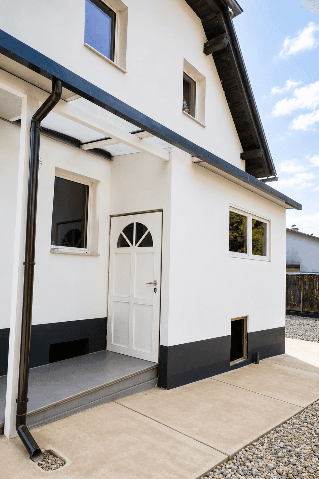 Eingangsbereich des Hauses mit weißer Tür, Vordach und dunklen Regenrinnen.