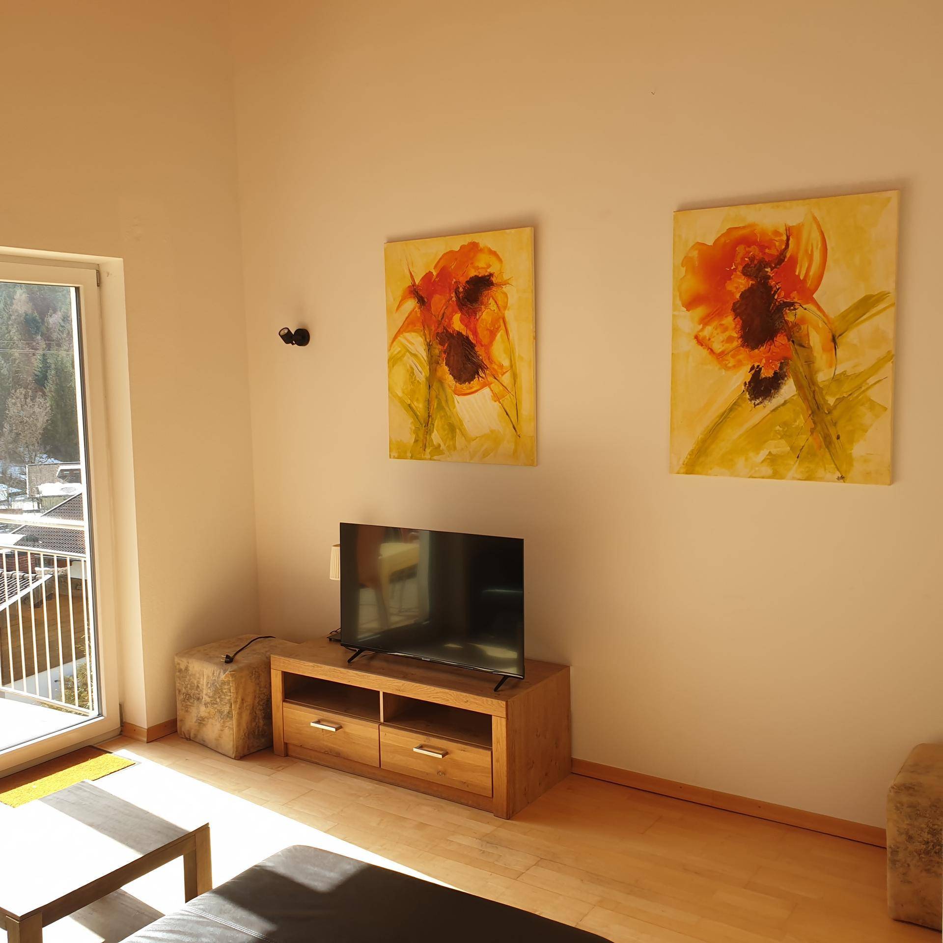 Gemütlicher Wohnbereich mit Fernseher, Holzboden und Zugang zu einem sonnigen Balkon.
