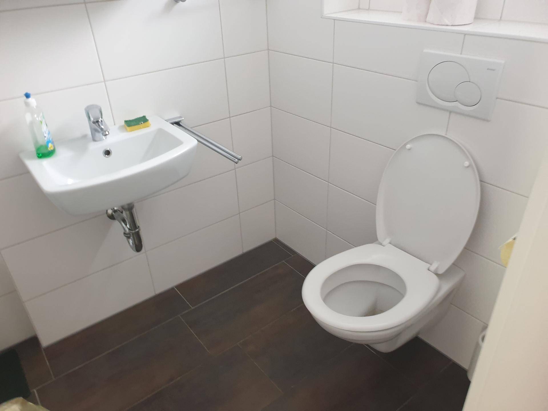 Kleines Gäste-WC mit wandhängender Toilette und Handwaschbecken.