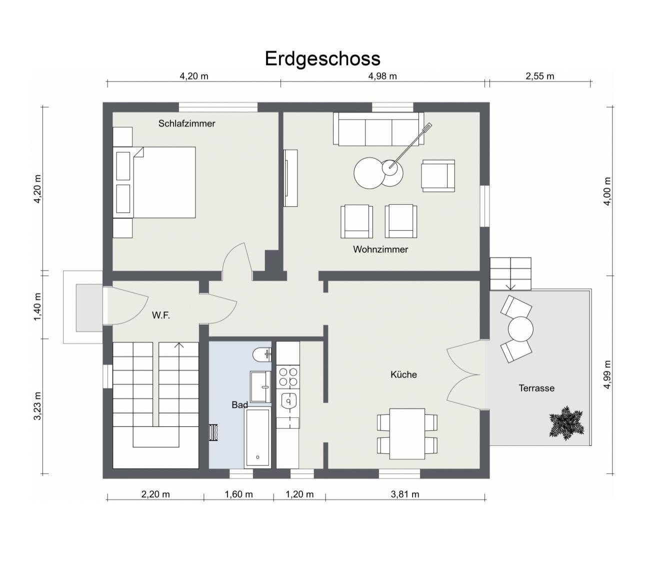 Grundriss des Erdgeschosses mit Schlafzimmer, Wohnzimmer, Küche, Bad und direktem Zugang zur Terrasse.
