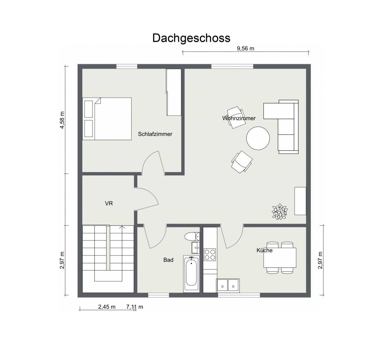Grundriss des Dachgeschosses mit Schlafzimmer, Wohnzimmer, Küche und Bad, unter Berücksichtigung der Dachschräge.