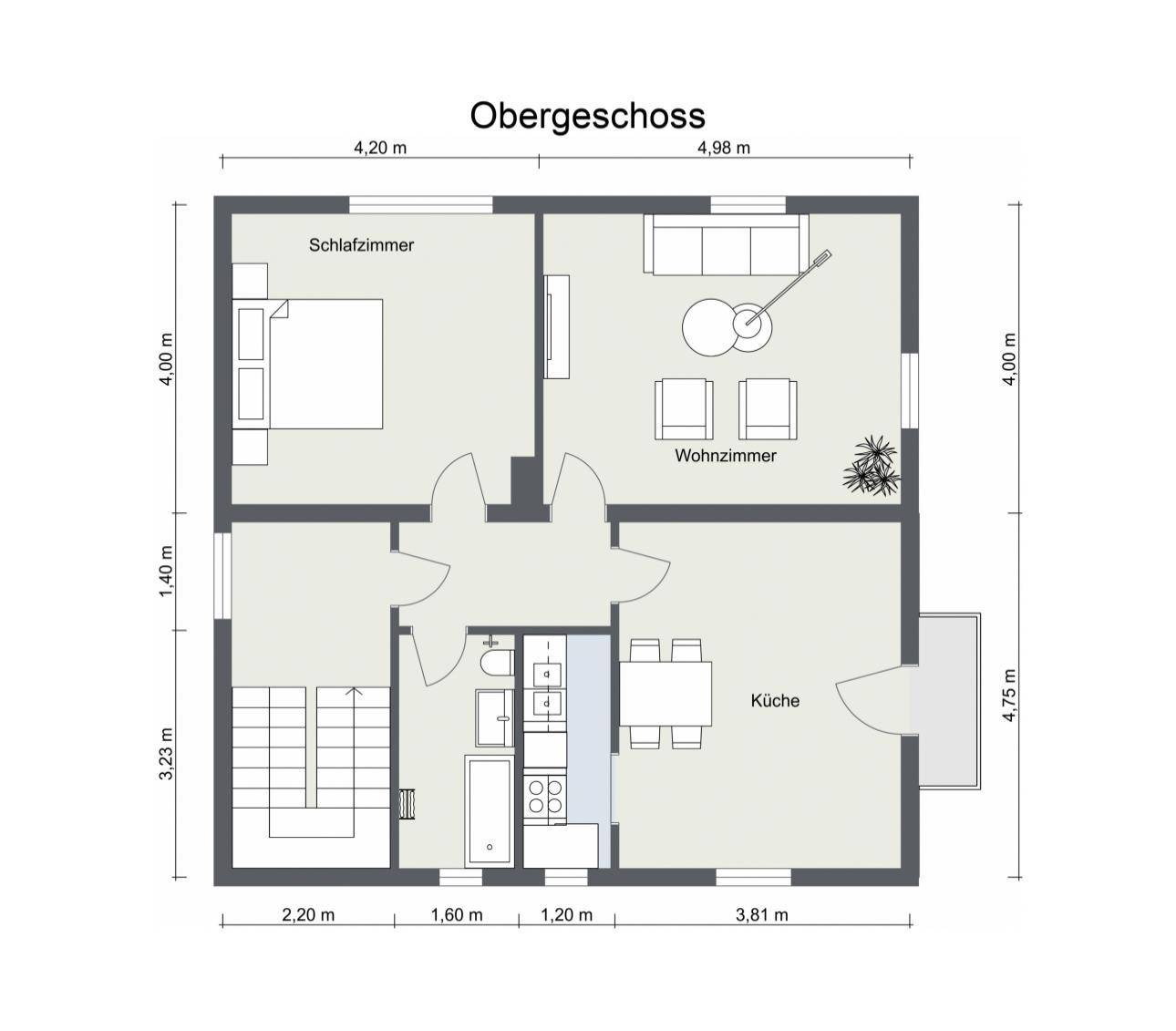 Grundriss des Obergeschosses mit Schlafzimmer, Wohnzimmer, Küche und Bad, bietet eine klare Raumaufteilung.