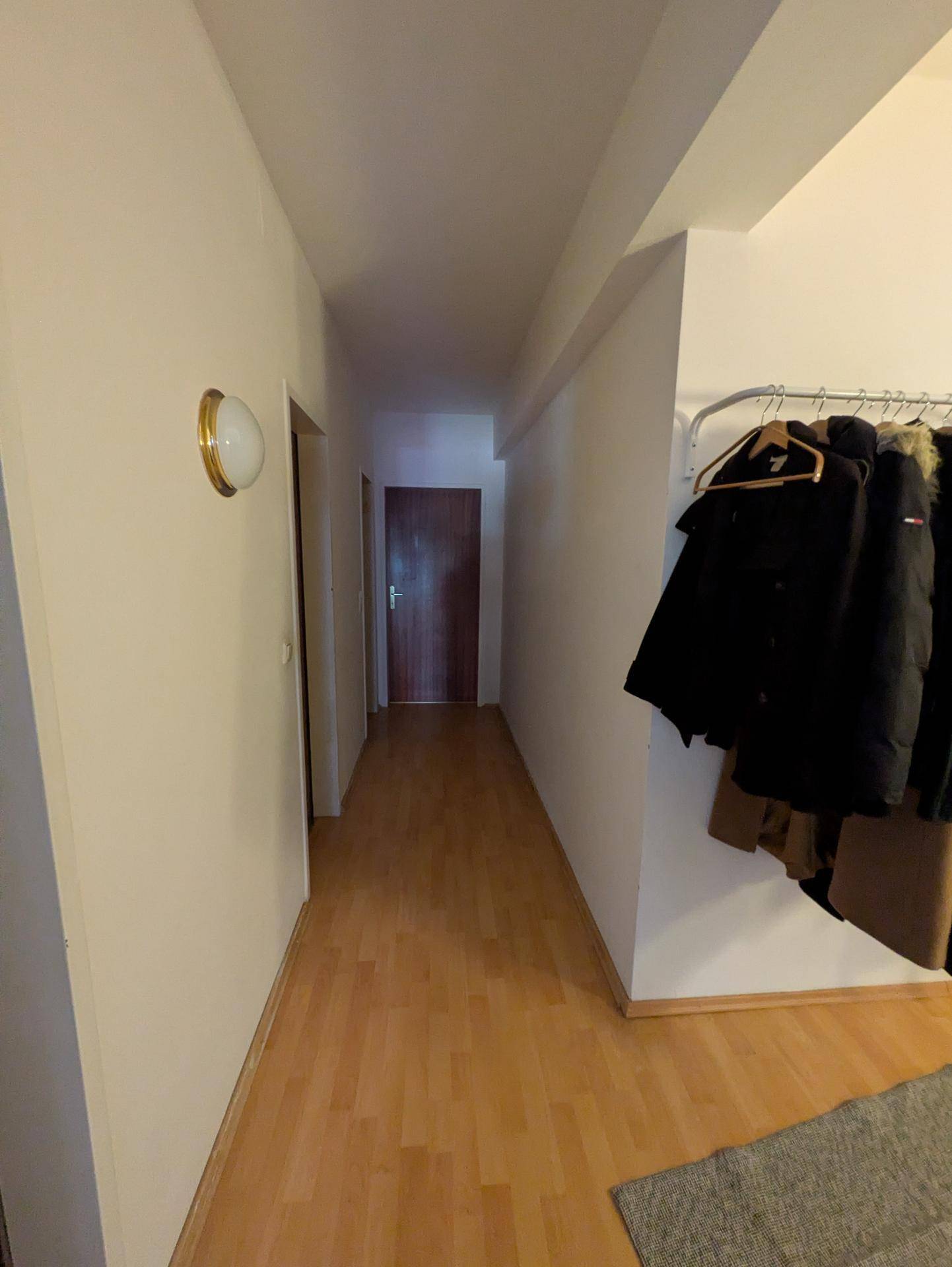 Langer Flur mit hellem Holzfußboden und einer praktischen Garderobenlösung an der Wand.