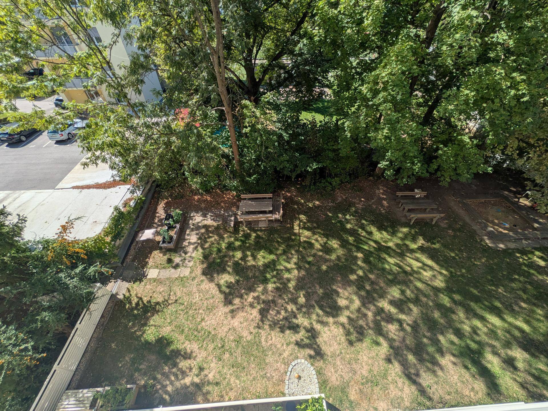 Blick von oben auf eine grüne Gartenfläche mit Bäumen, Bänken und einem Parkplatz im Hintergrund.