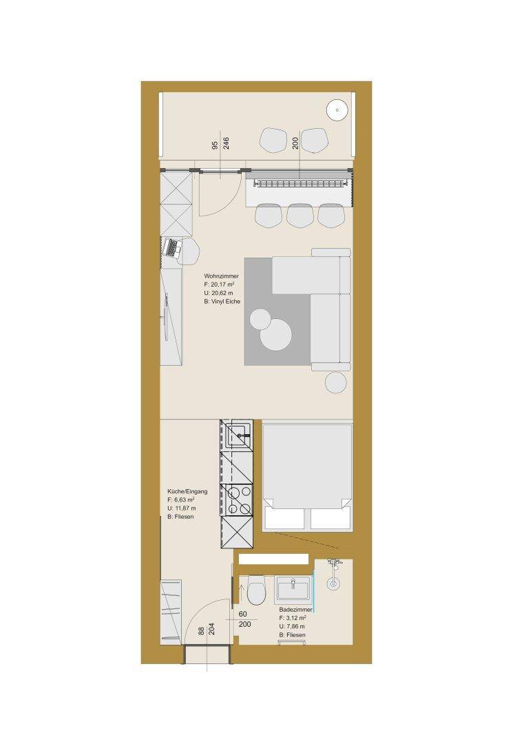 Grundriss einer Wohnung mit Wohnzimmer, Küche, Bad und Balkon.