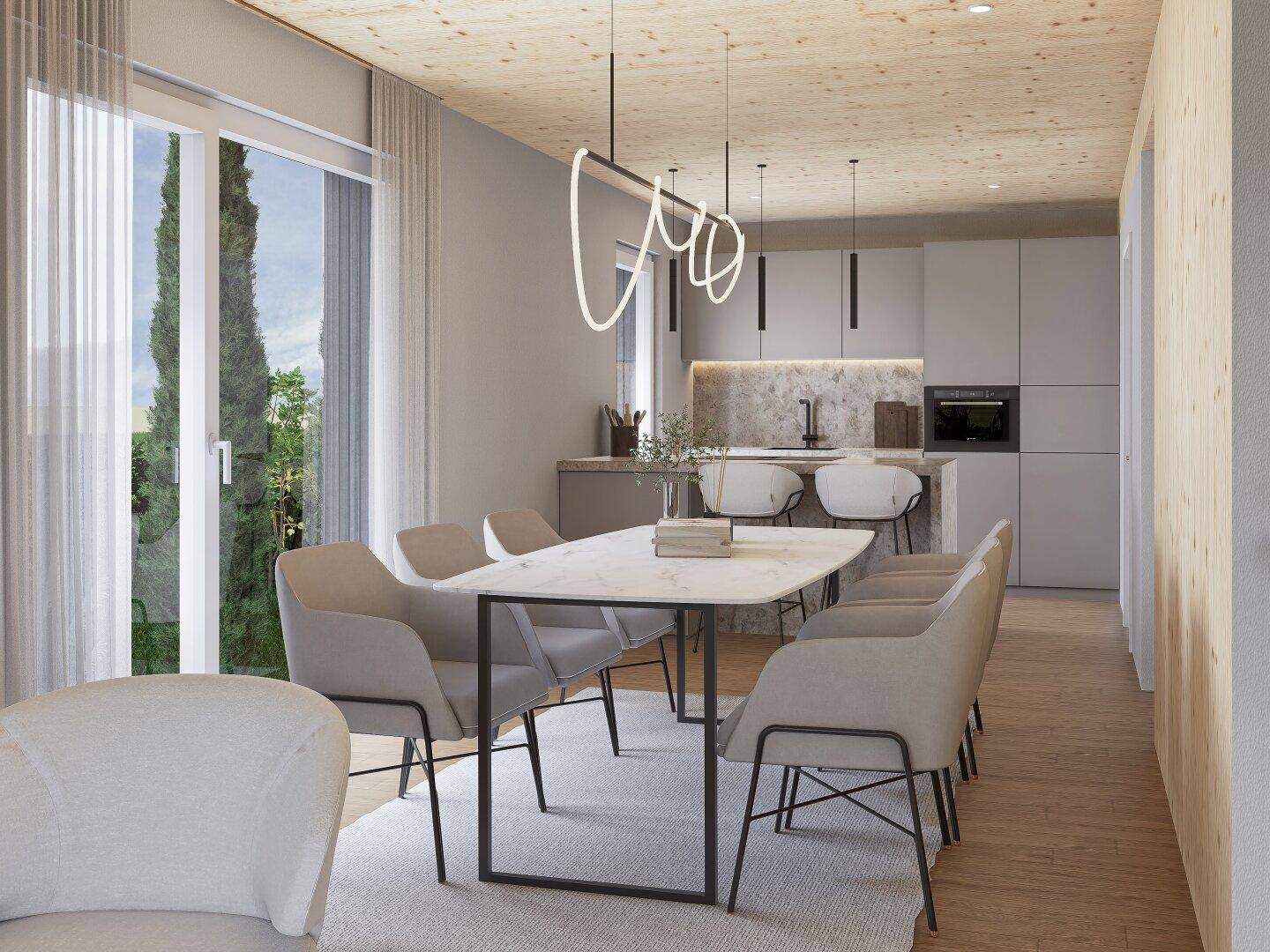 Heller offener Wohn-Essbereich mit moderner Küche, Holzbalkendecke und Zugang zur Terrasse.