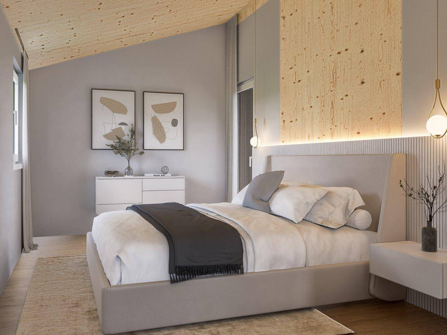 Modernes Schlafzimmer mit schräger Holzbalkendecke, minimalistischer Einrichtung und viel Tageslicht.