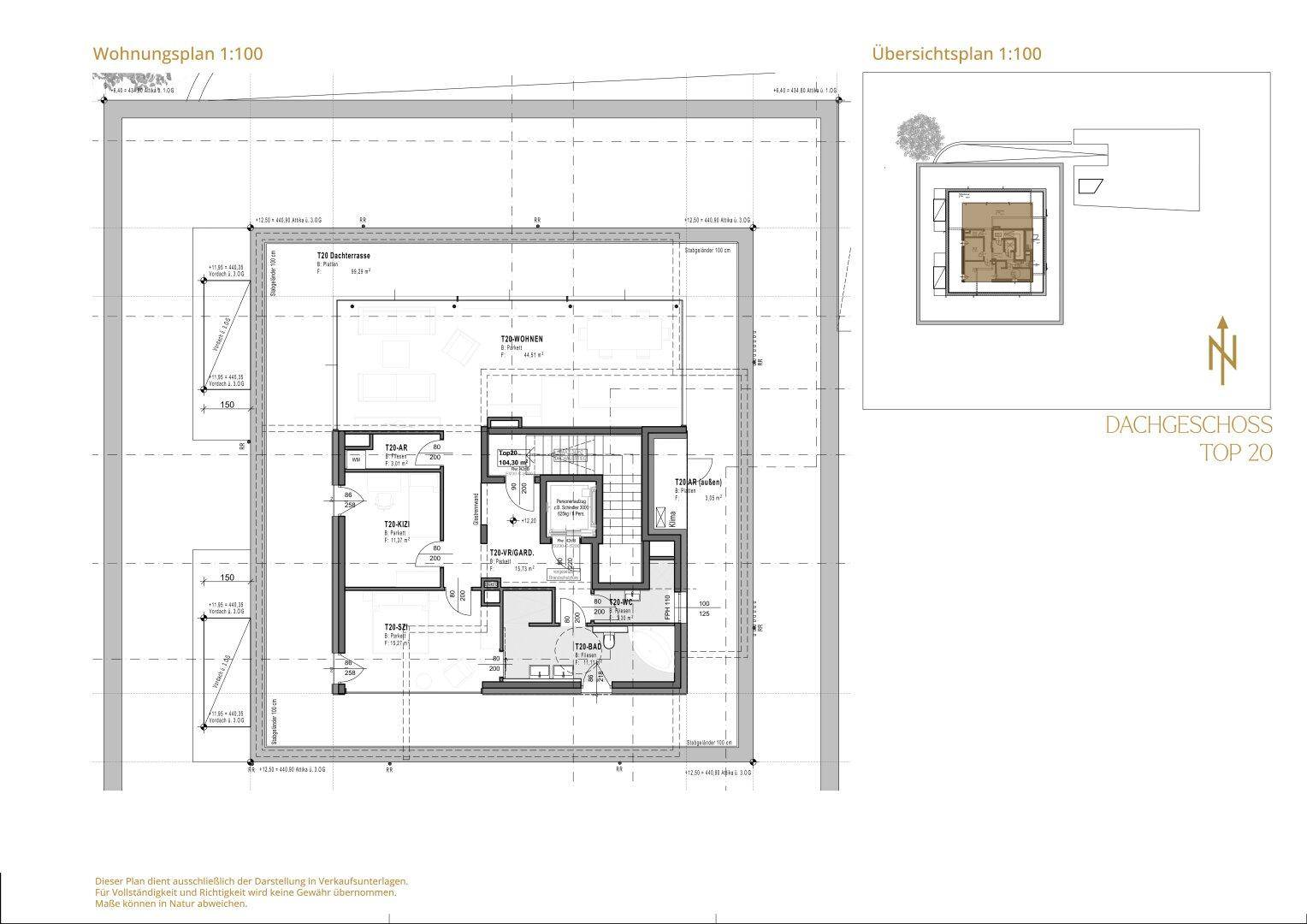 Grundriss des Dachgeschosses Top 20 mit Terrasse und offenem Wohnbereich.
