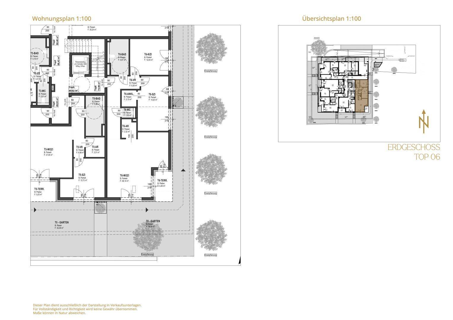 Detaillierter Wohnungsplan im Maßstab 1:100 mit Erdgeschoss und Gartenanteil.