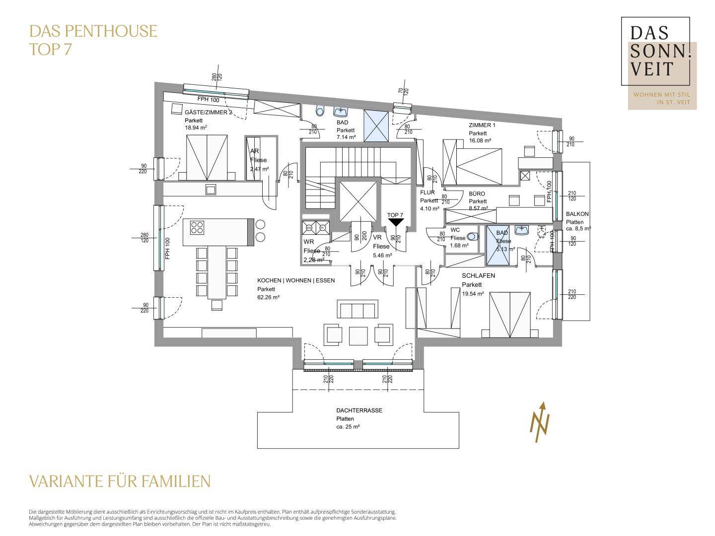Grundrissvariante für Familien mit drei Schlafzimmern, offenem Wohnbereich und Dachterrasse.