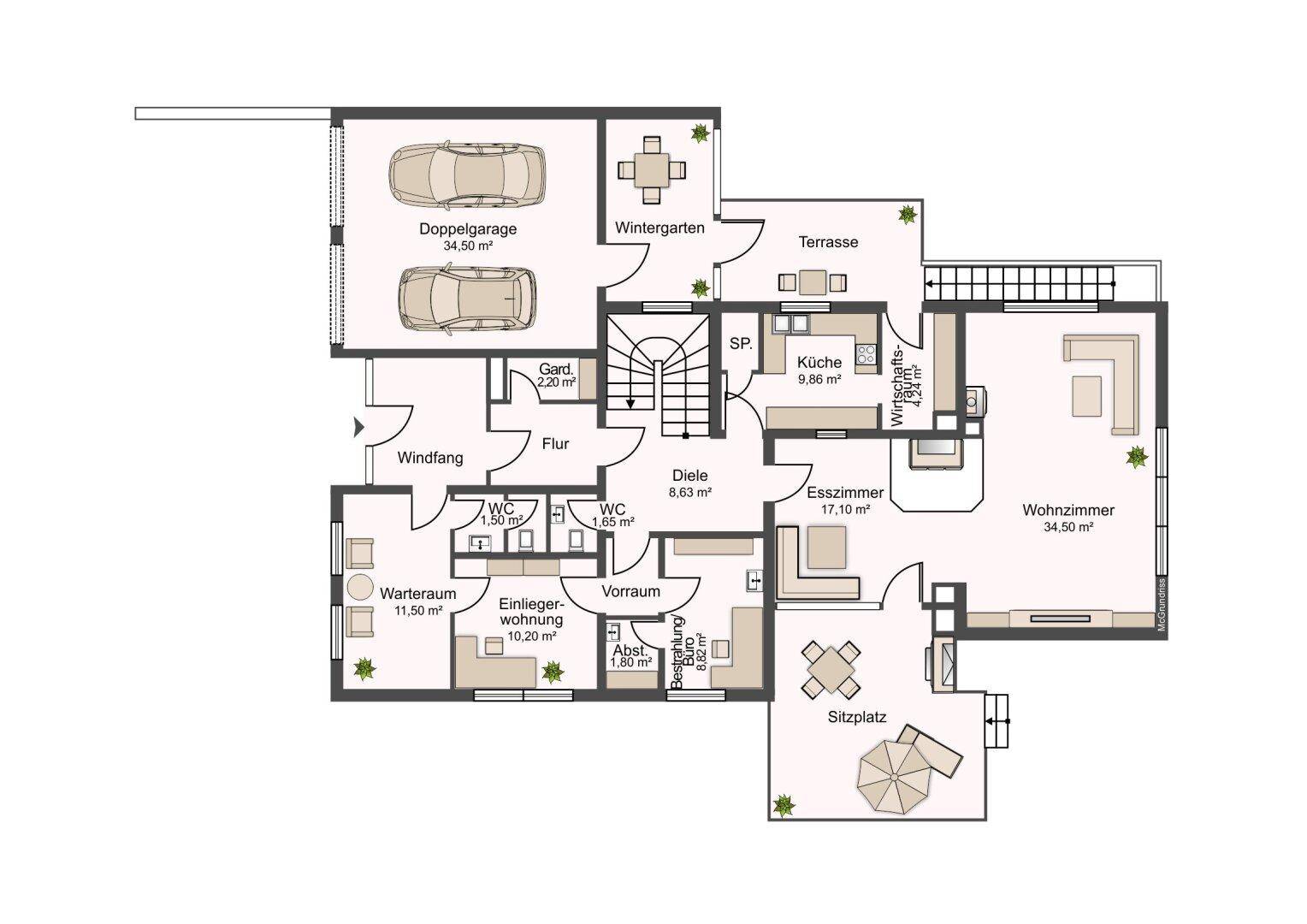 Grundriss des Erdgeschosses mit Doppelgarage, Wohnzimmer, Esszimmer und Wintergarten.