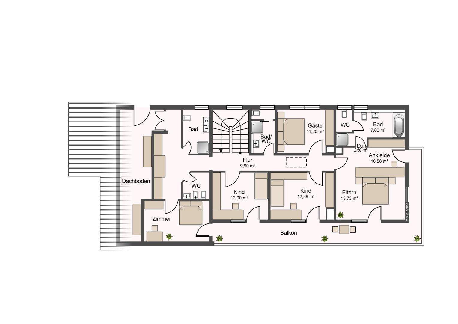 Grundriss des Obergeschosses mit mehreren Schlafzimmern, Bädern und einem langen Balkon.
