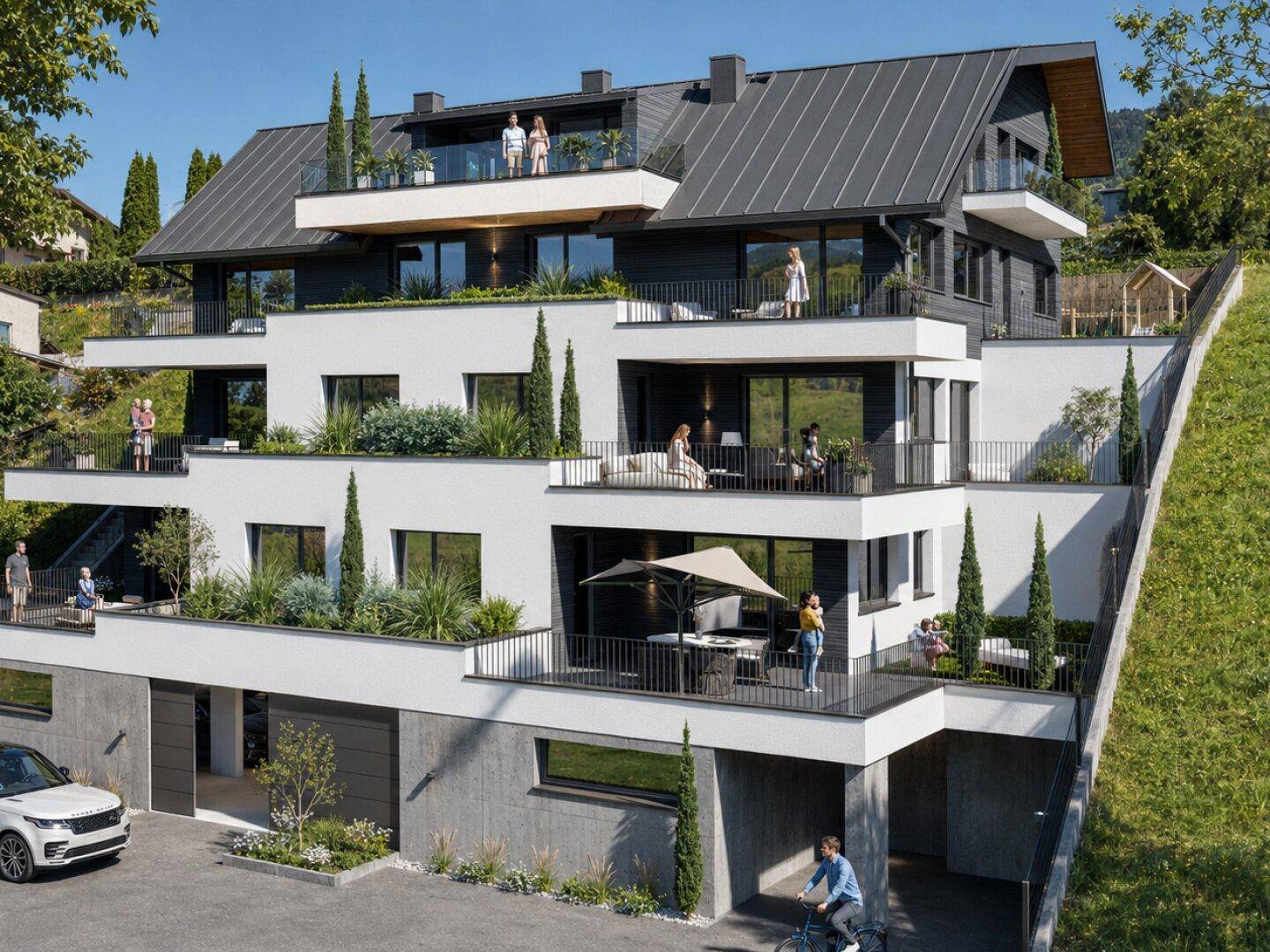 Moderne Terrassenwohnungen mit gestaffelter Architektur, großen Balkonen und integriert in die Hanglage.