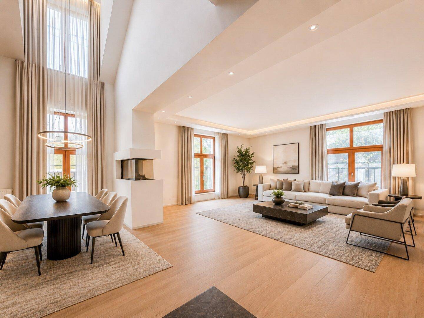 Großzügiger Wohn- und Essbereich mit hohen Decken, Kamin und eleganten Möbeln.