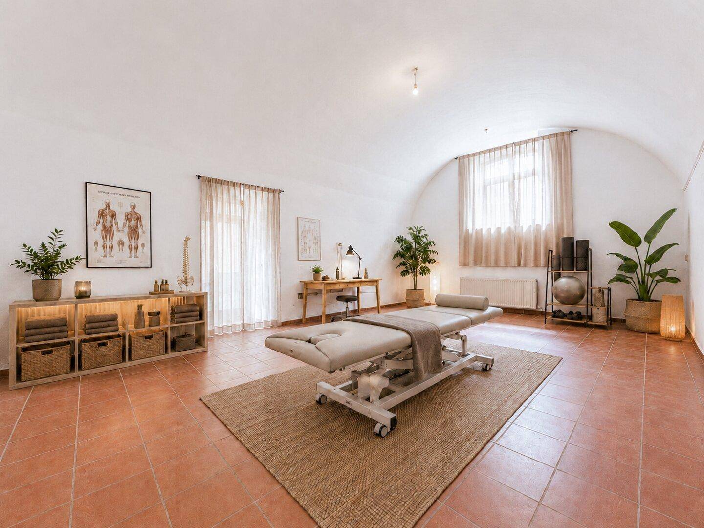 Geräumiger Raum für Wellness oder Therapie mit Terrakottafliesen und Gewölbedecke.