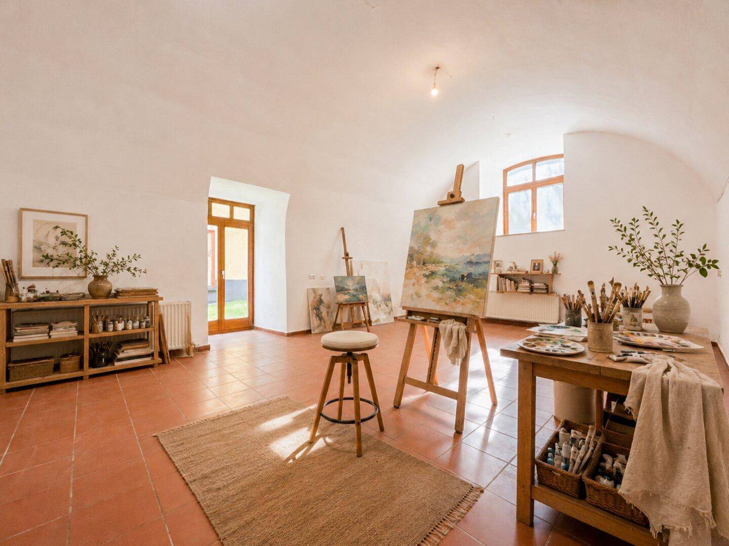 Kreatives Atelier mit Terrakottafliesen, Gewölbedecke und viel Tageslicht, ideal für Künstler.