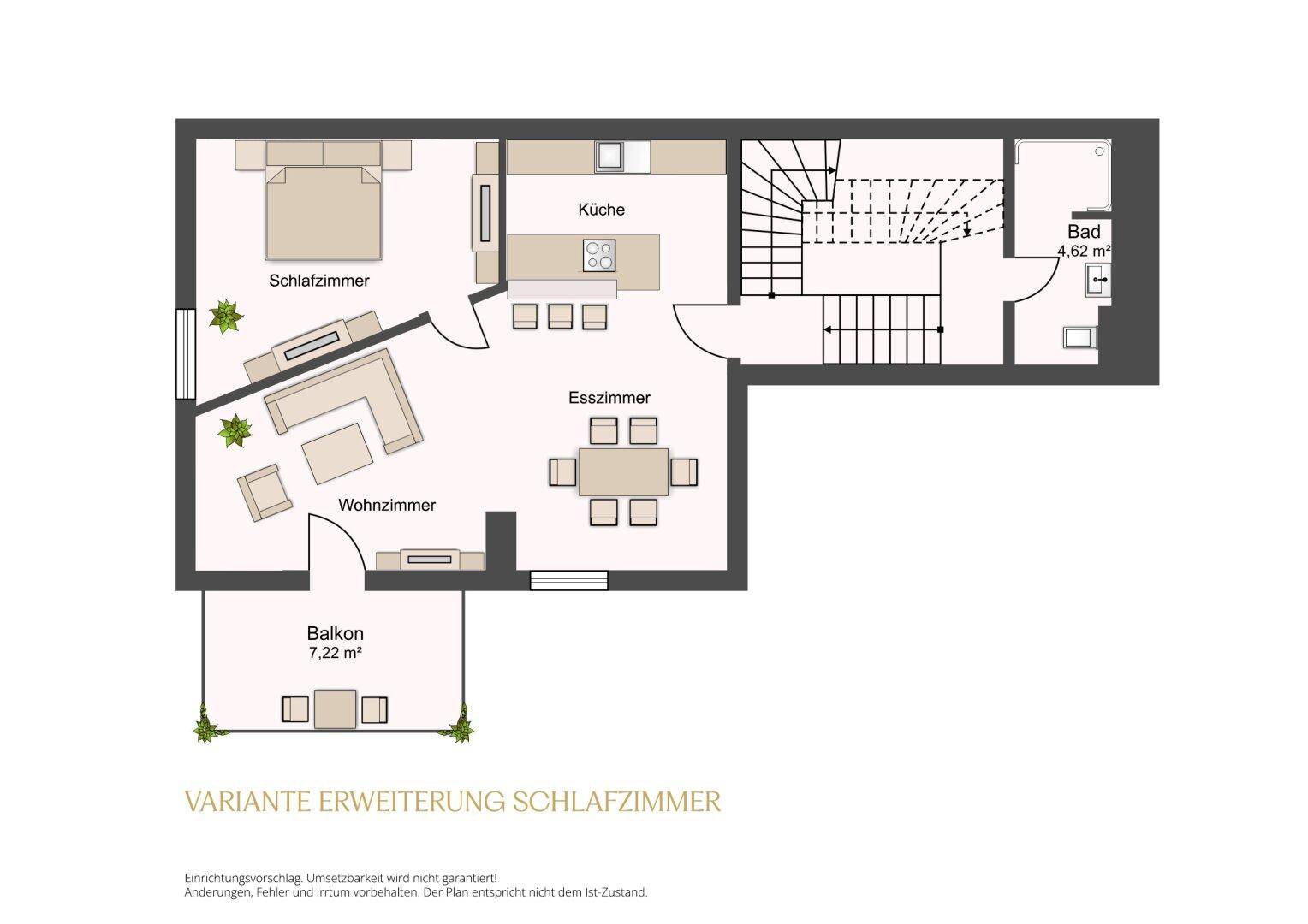 Grundriss einer Wohnung mit offenem Wohnbereich, Schlafzimmer, Küche, Esszimmer und Balkon.