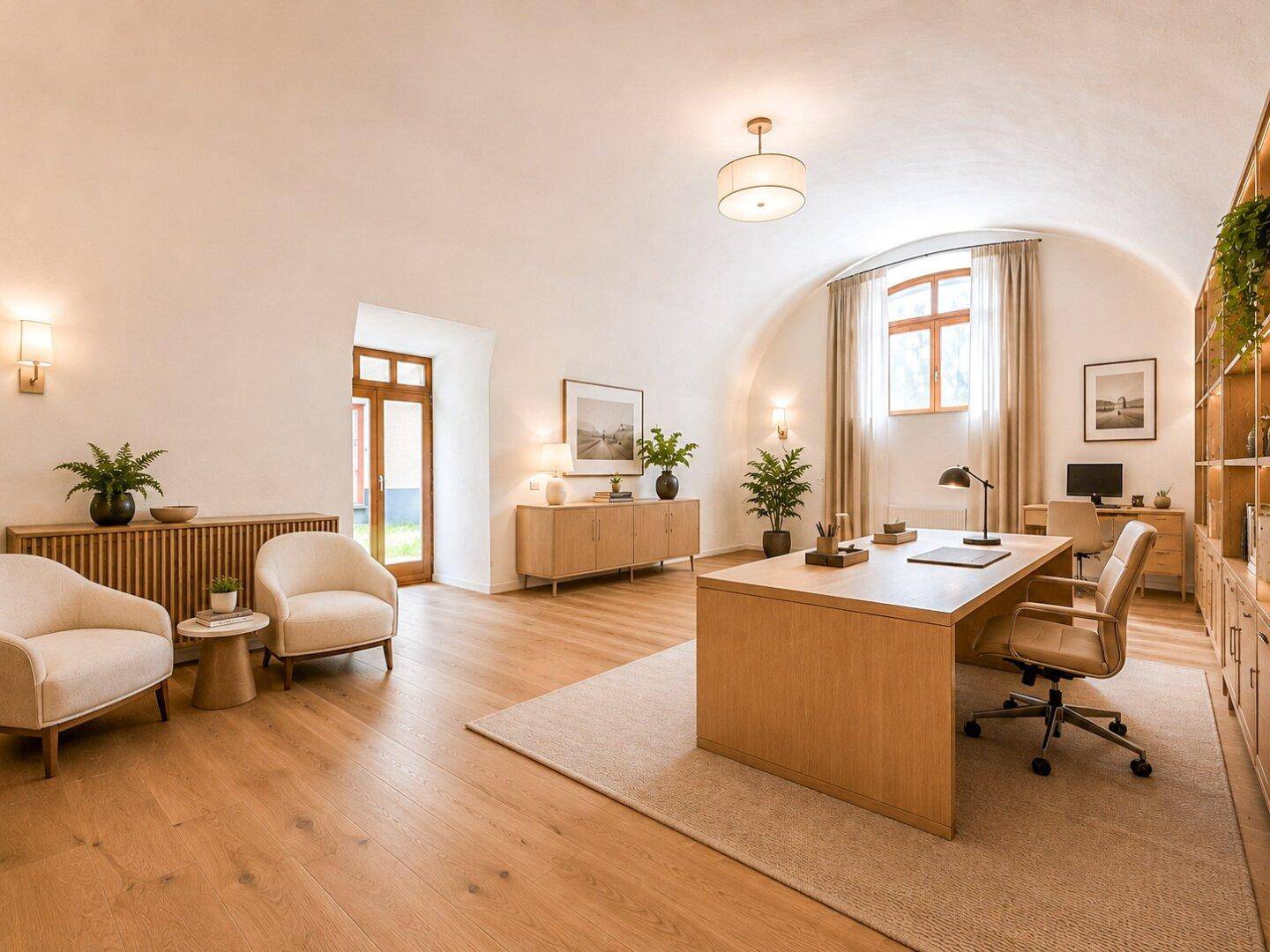 Geräumiges Büro mit hohen Gewölbedecken, Holzboden und viel natürlichem Licht durch große Fenster.