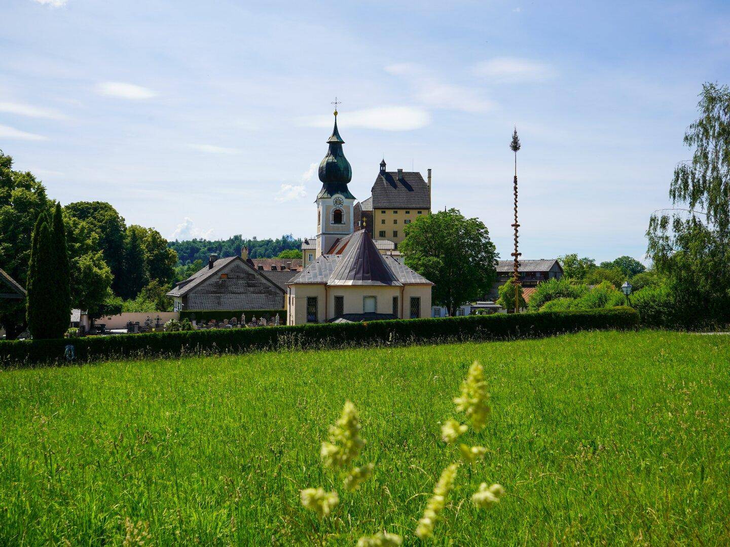 Malerische Dorfansicht mit Kirchturm und grünen Feldern im Vordergrund unter blauem Himmel.