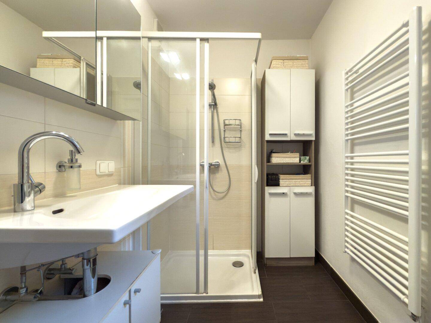 Modernes Badezimmer mit Duschkabine, Waschbecken und beheiztem Handtuchhalter für Komfort.