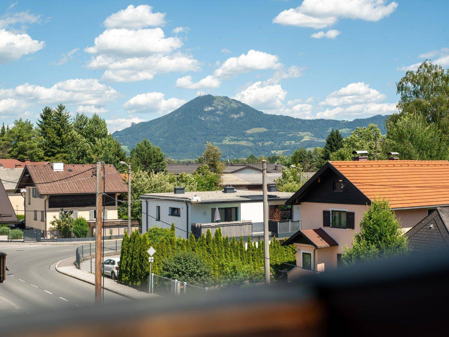 Panoramablick auf eine Wohngegend mit Häusern, Bäumen und einem majestätischen Berg im Hintergrund.