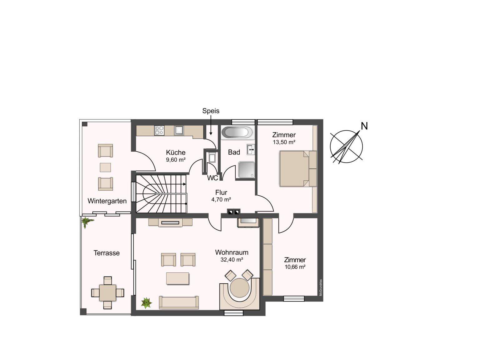 Grundriss des Obergeschosses mit Küche, Wohnraum, Schlafzimmern, Bad, WC, Wintergarten und Terrasse.