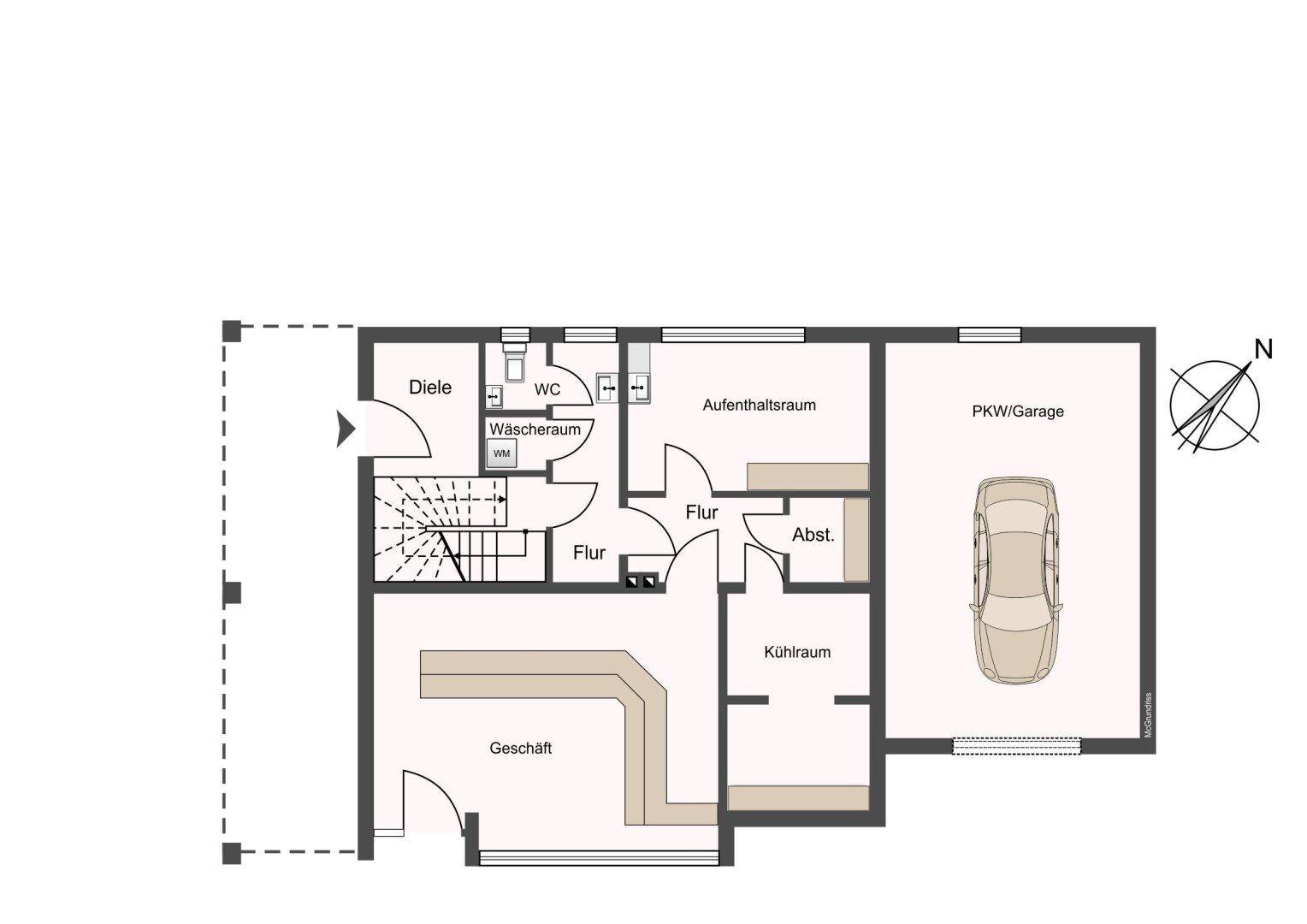 Grundriss des Erdgeschosses mit Geschäftsfläche, Garage, WC und Nebenräumen.