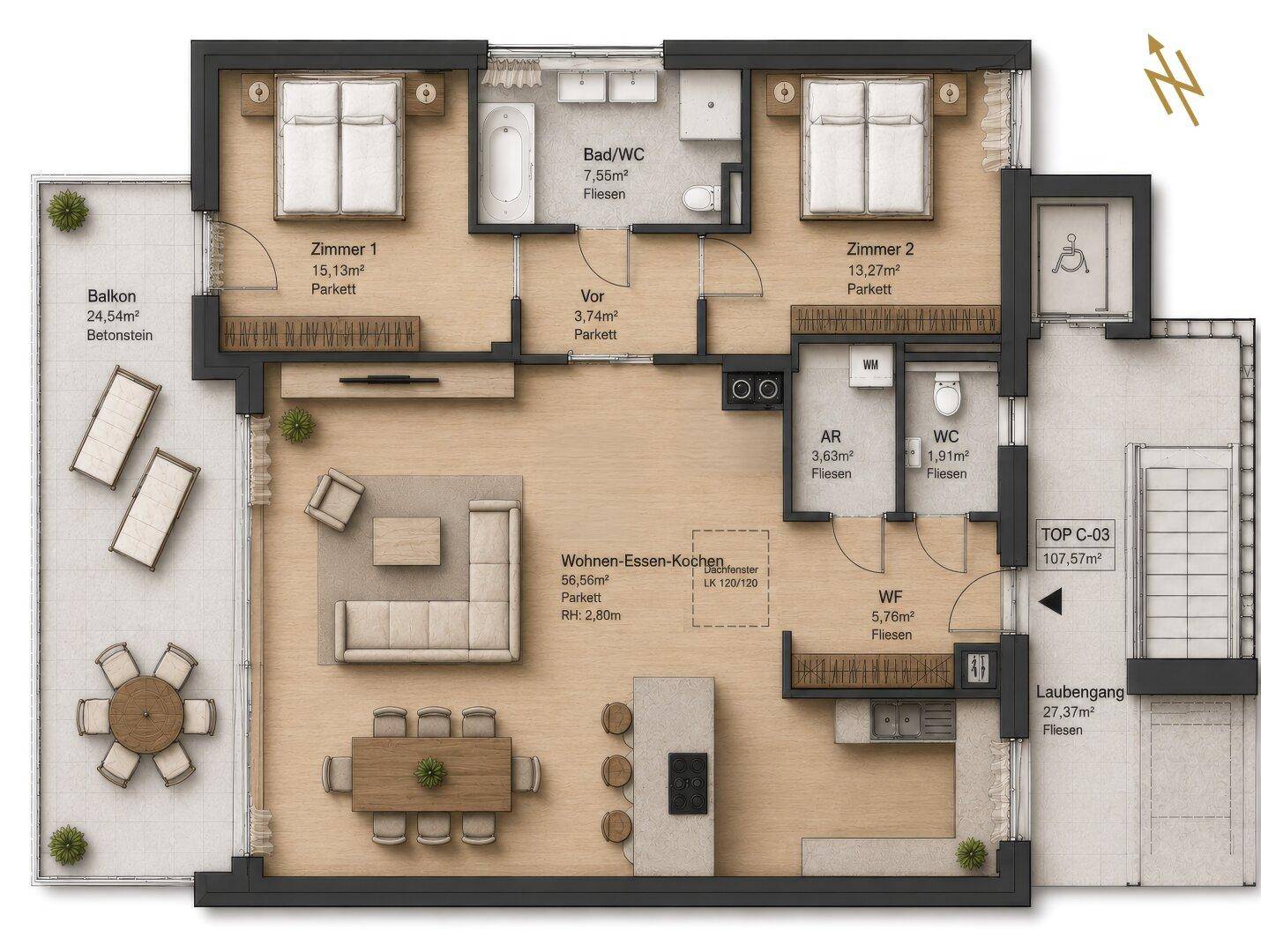 Detaillierter Grundriss einer Wohnung mit drei Zimmern, offenem Wohnbereich und großem Balkon.