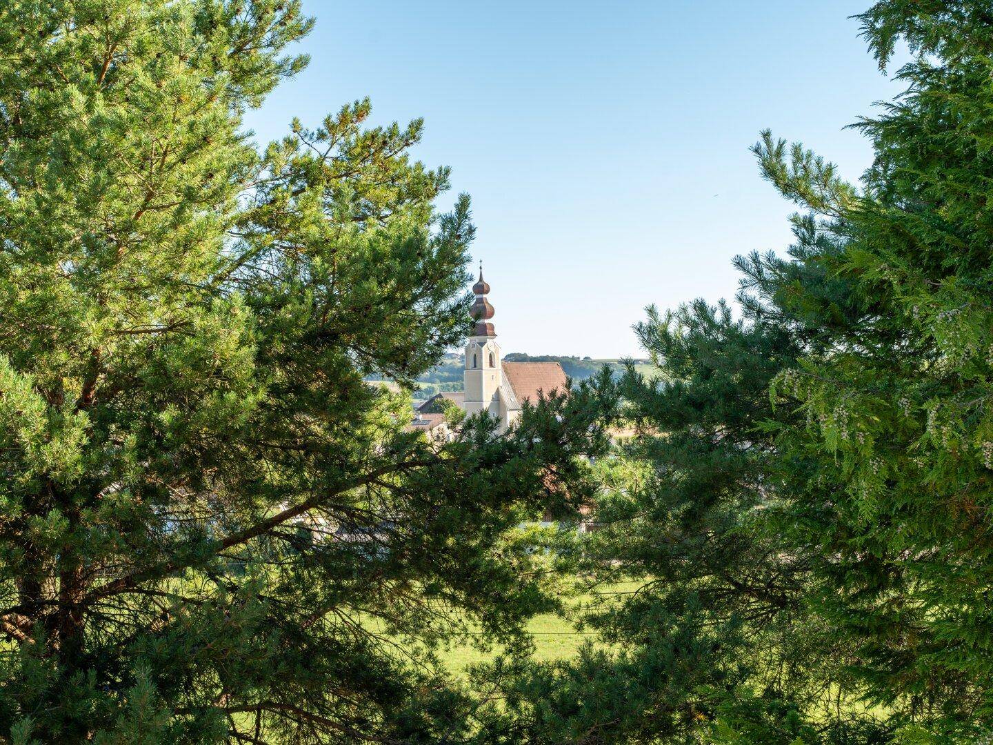 Blick auf den Kirchturm Irrsdorf