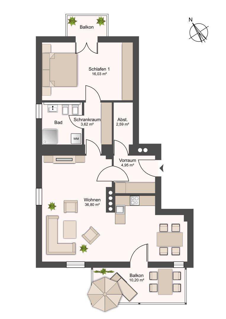 Detaillierter Grundriss einer Wohnung mit Schlafzimmer, Bad, Wohnbereich und zwei Balkonen.