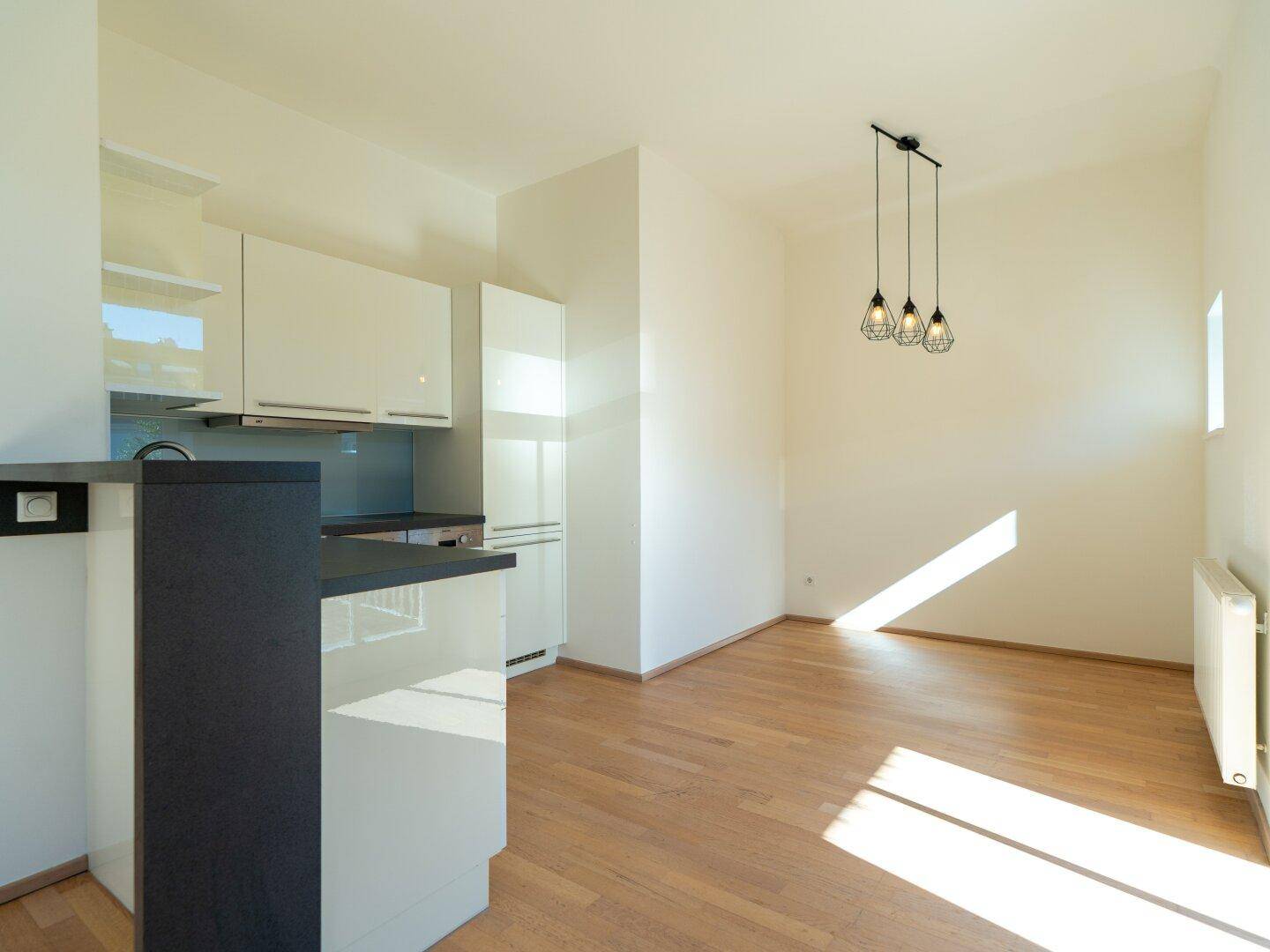 Heller Küchenbereich mit modernen Hängeschränken und offenem Blick in den sonnigen Wohnraum.