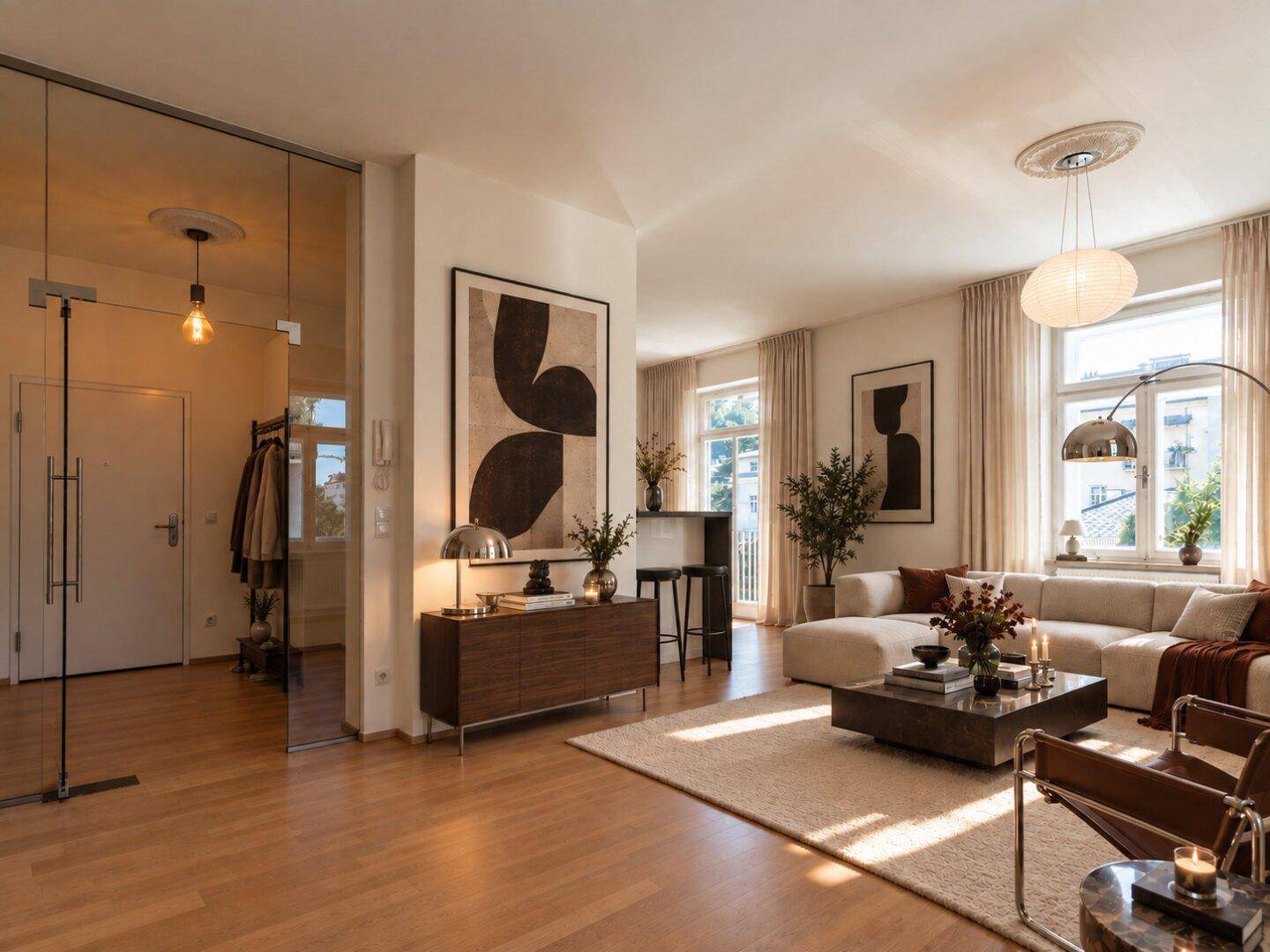 Stilvoll eingerichtetes Wohnzimmer mit großem Sofa, Teppich und modernen Kunstwerken.