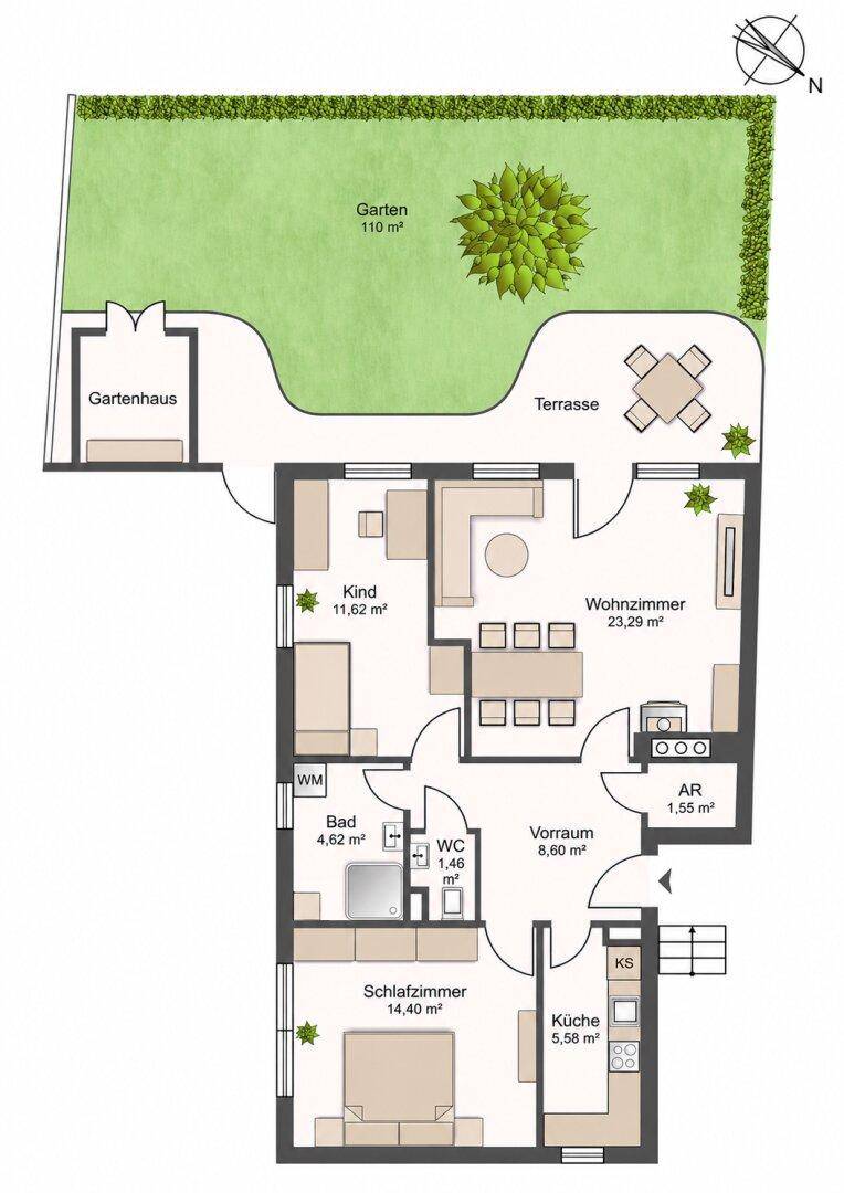 Detaillierter Grundriss einer Wohnung mit Garten, Terrasse und mehreren Zimmern, inklusive Flächenangaben.