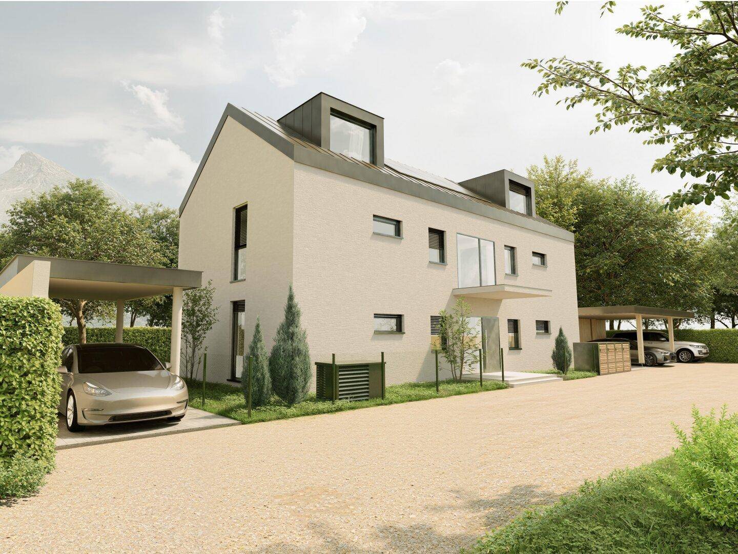 Zufahrtsseite - Parken in Carports