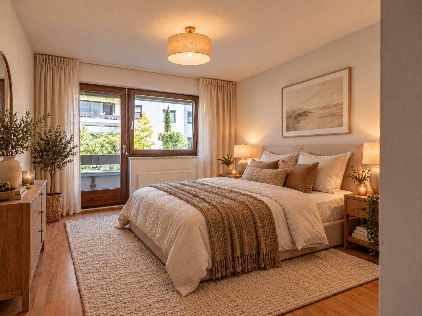 Gemütliches Schlafzimmer mit Doppelbett, Holzboden und direktem Zugang zum Balkon.
