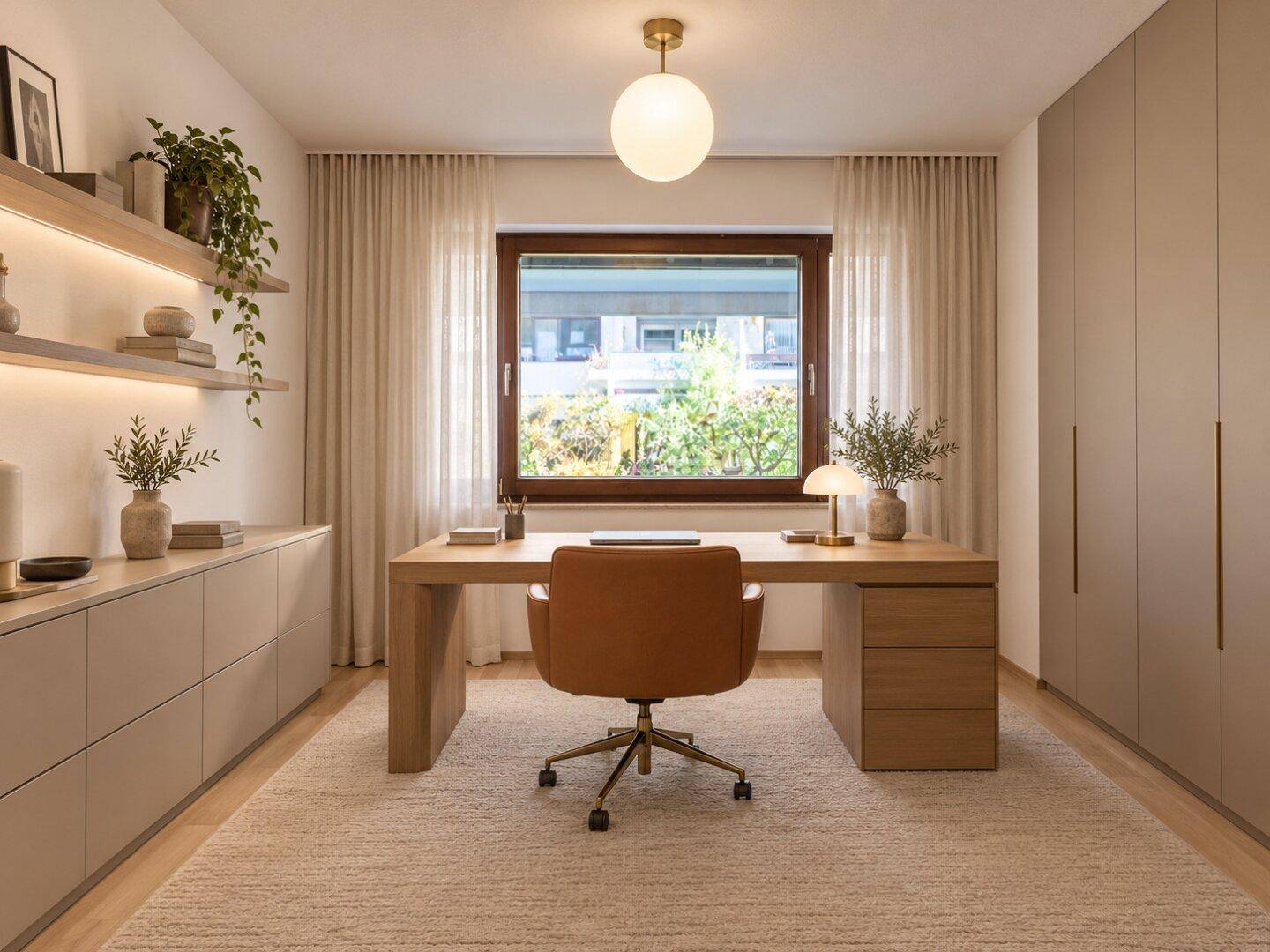 Stilvolles Heimbüro mit Holzschreibtisch, integrierten Regalen und großem Fenster.