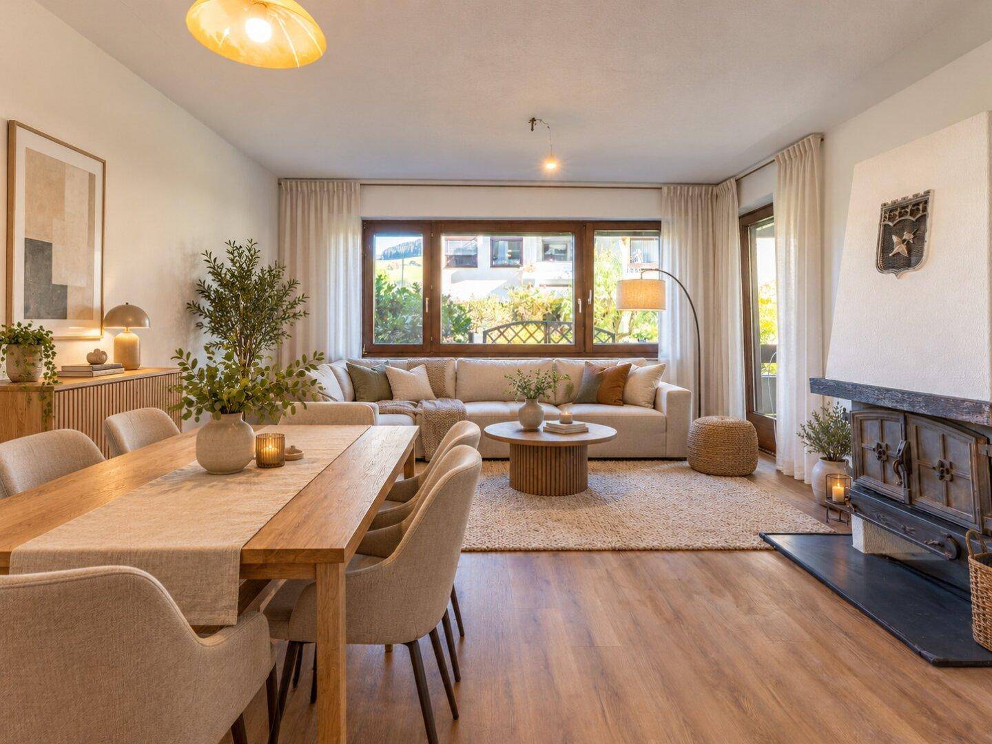 Gemütlicher Wohn-Essbereich mit Kamin, Holzboden und großen Fenstern mit Blick ins Grüne.