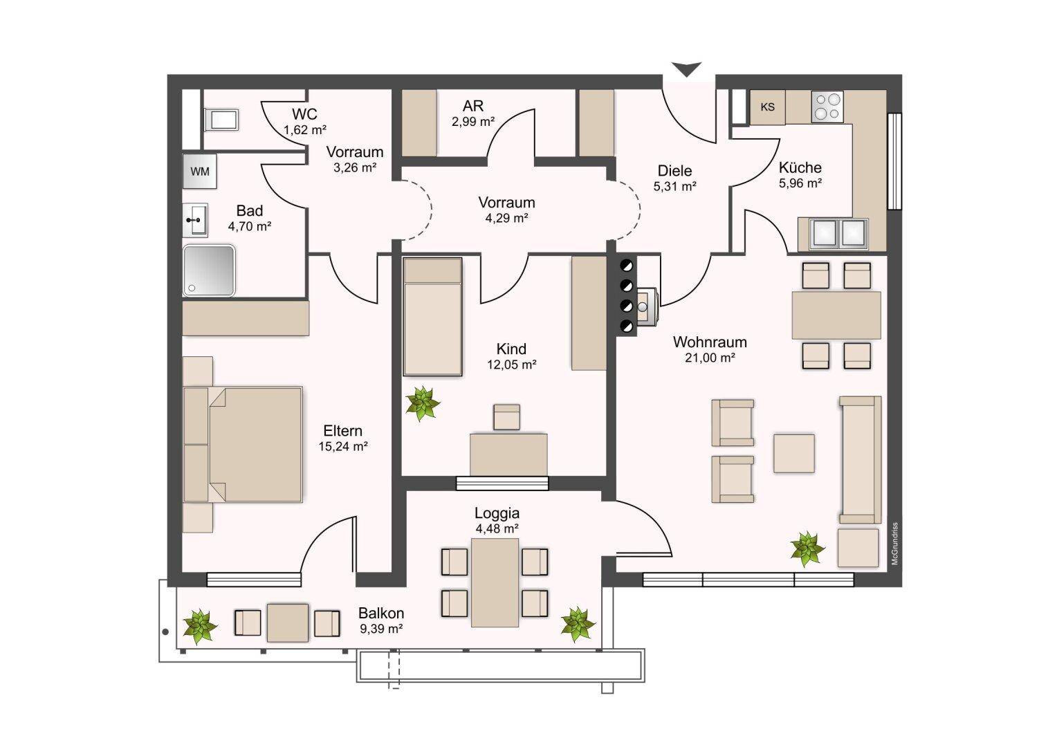 Detaillierter Grundriss einer Wohnung mit drei Zimmern, Küche, Bad und Loggia.