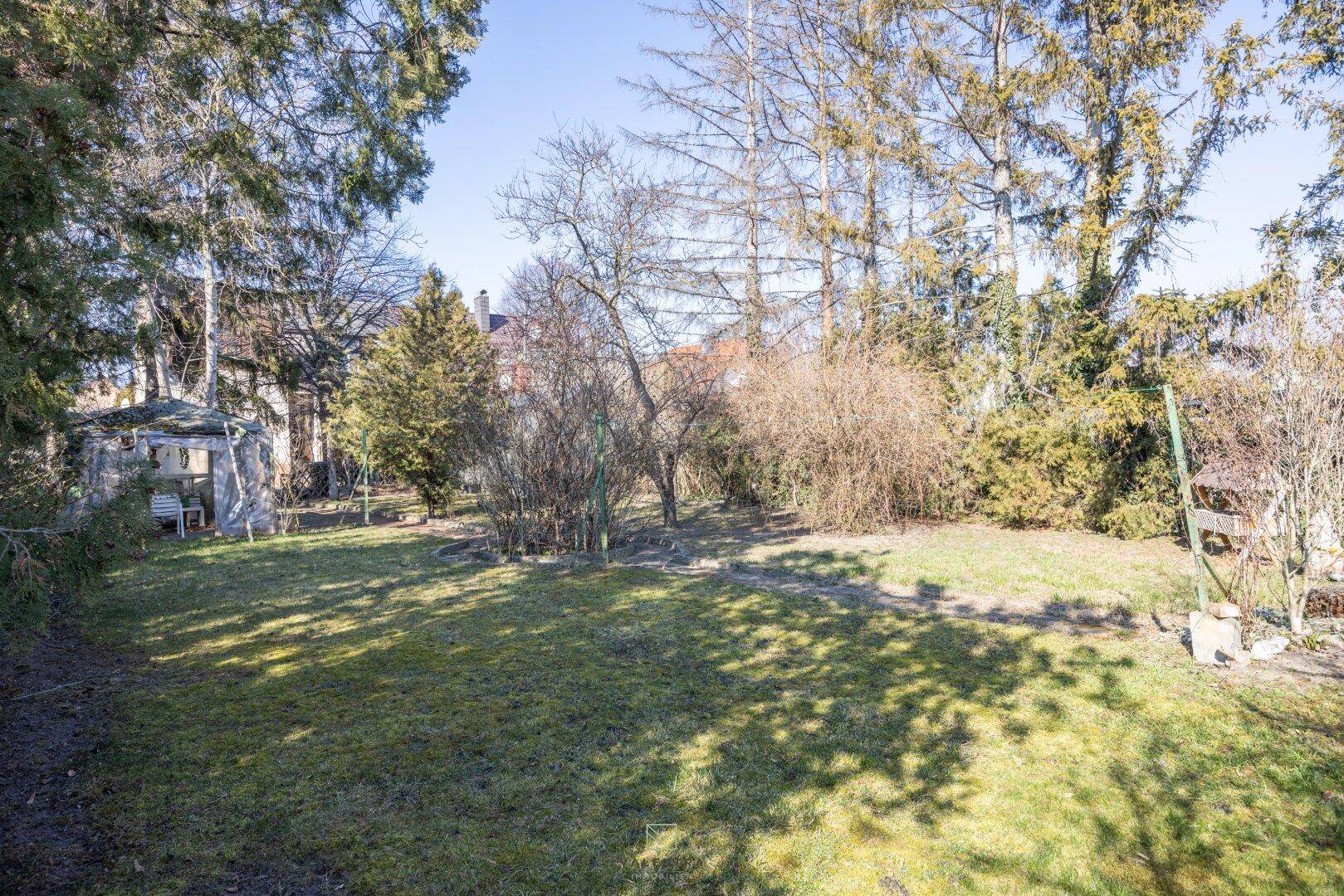 Weitläufiger Garten mit Rasenfläche, altem Baumbestand und einem kleinen Gartenhaus im Hintergrund.